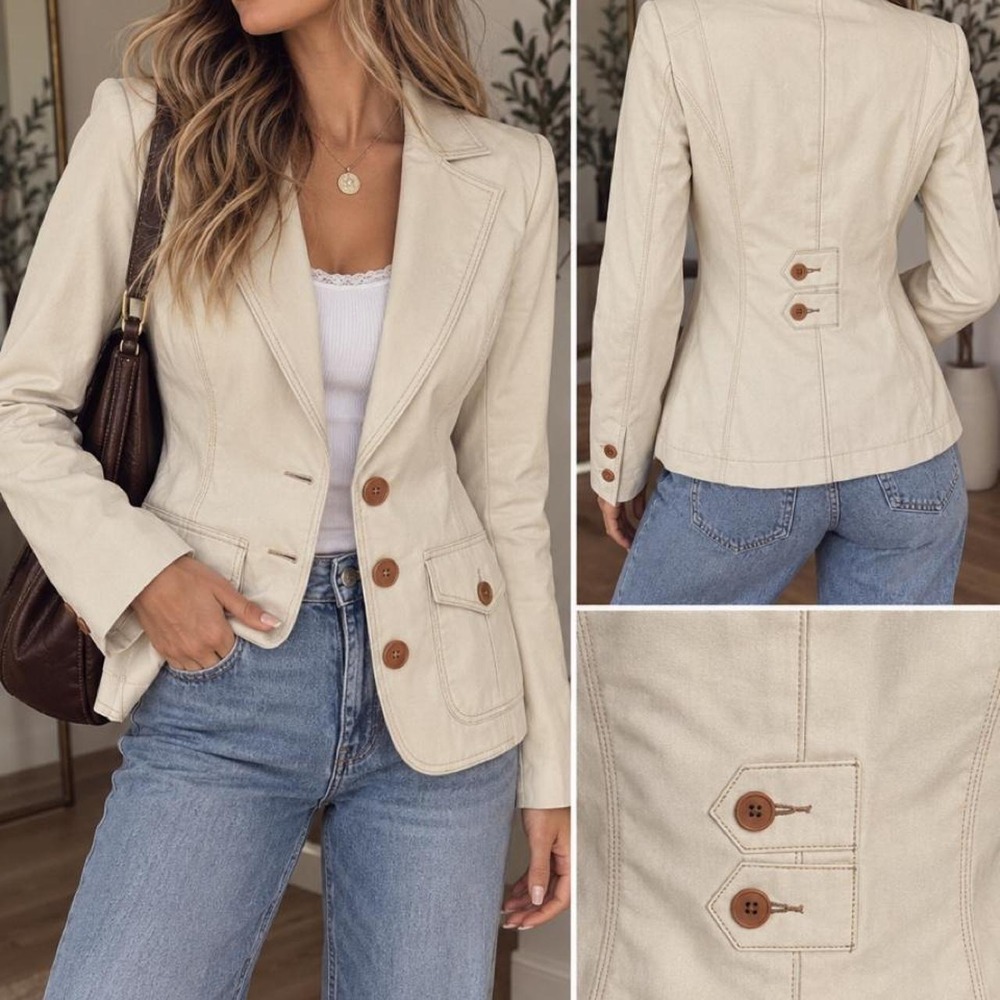Identify Cream Utility Blazer Size 10 | Y2K Office Siren Contrast Stitch Jacket